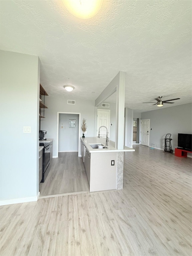 8149 Sands Point Dr Unit 113, Houston, TX 77036 - kitchen with a sink, black electric range, light wood-type flooring, a textured ceiling, and light countertops