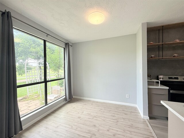 8149 Sands Point Dr Unit 113, Houston, TX 77036 - kitchen with stainless steel electric range oven, baseboards, light wood finished floors, light countertops, and a textured ceiling