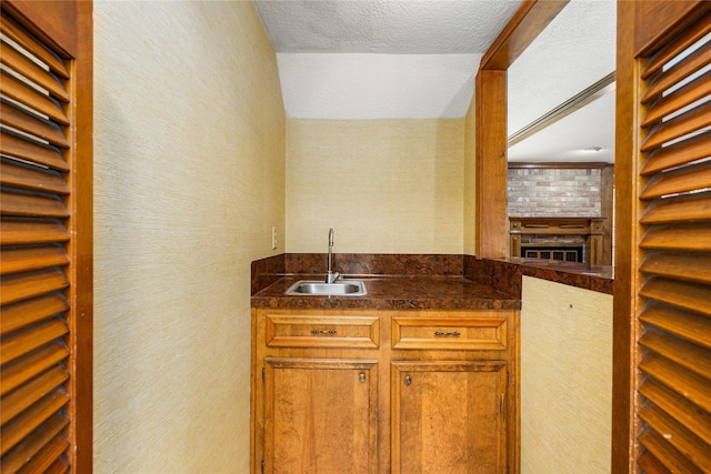 4923 Bradstone Ct, Houston, TX 77084 - indoor wet bar with a fireplace, a textured ceiling, and a textured wall