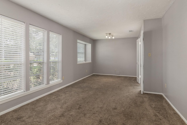 13402 Piney Oaks Dr, Houston, TX 77065 - unfurnished room featuring dark colored carpet, a textured ceiling, baseboards, and rail lighting