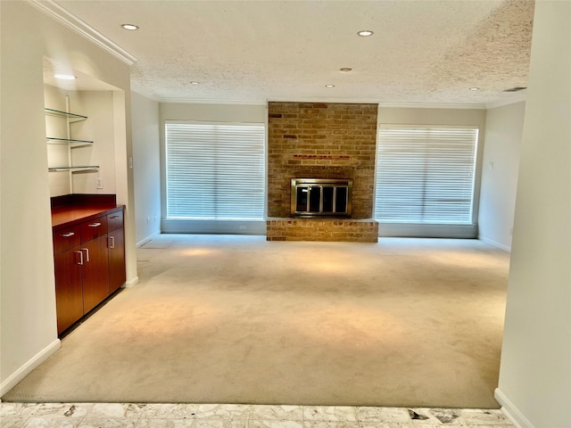 6523 Coral Ridge Rd, Houston, TX 77069 - unfurnished living room featuring ornamental molding, baseboards, carpet flooring, a textured ceiling, and a brick fireplace