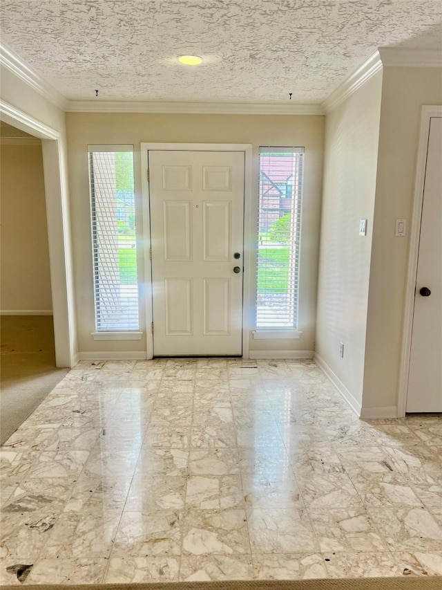 6523 Coral Ridge Rd, Houston, TX 77069 - foyer with marble look tile flooring, baseboards, and crown molding