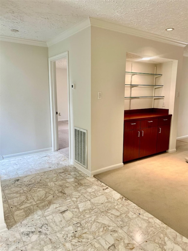 6523 Coral Ridge Rd, Houston, TX 77069 - unfurnished living room with crown molding, a textured ceiling, baseboards, and light colored carpet