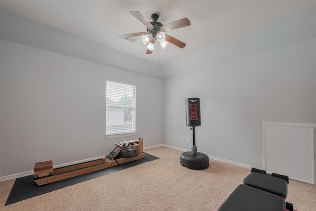 14727 Bronze Finch Dr, Cypress, TX 77433 - exercise room with light colored carpet, ceiling fan, and baseboards