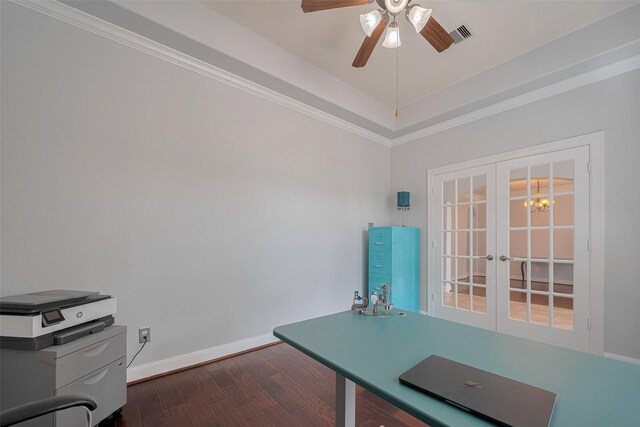 14727 Bronze Finch Dr, Cypress, TX 77433 - unfurnished office featuring dark wood-style floors, baseboards, french doors, a ceiling fan, and ornamental molding