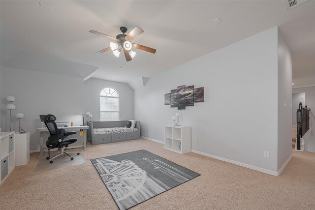 14727 Bronze Finch Dr, Cypress, TX 77433 - carpeted bedroom featuring lofted ceiling, ceiling fan, baseboards, and a desk