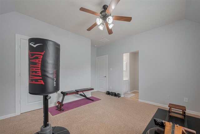 14727 Bronze Finch Dr, Cypress, TX 77433 - workout room with carpet, lofted ceiling, a ceiling fan, and baseboards