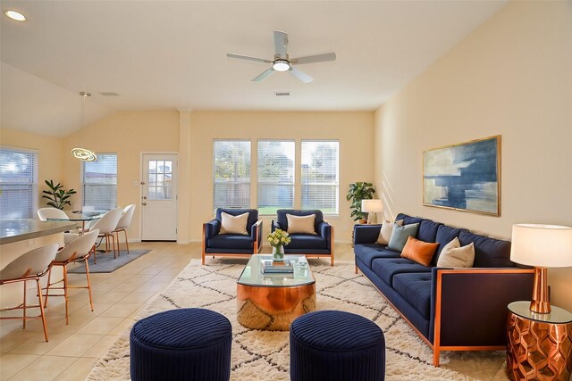 15111 Crescent Lilly Dr, Cypress, TX 77433 - living area featuring plenty of natural light, ceiling fan, light tile patterned floors, lofted ceiling, and recessed lighting