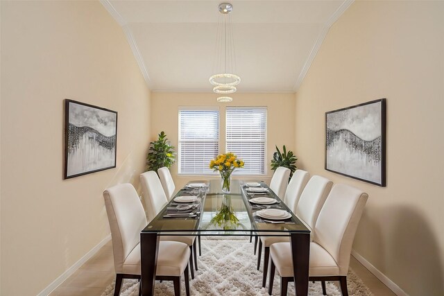 15111 Crescent Lilly Dr, Cypress, TX 77433 - dining space with ornamental molding, a chandelier, baseboards, and lofted ceiling