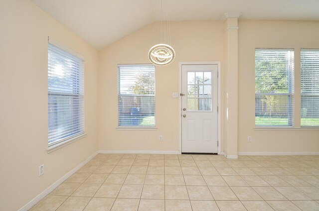15111 Crescent Lilly Dr, Cypress, TX 77433 - entryway featuring vaulted ceiling, light tile patterned floors, a chandelier, and baseboards