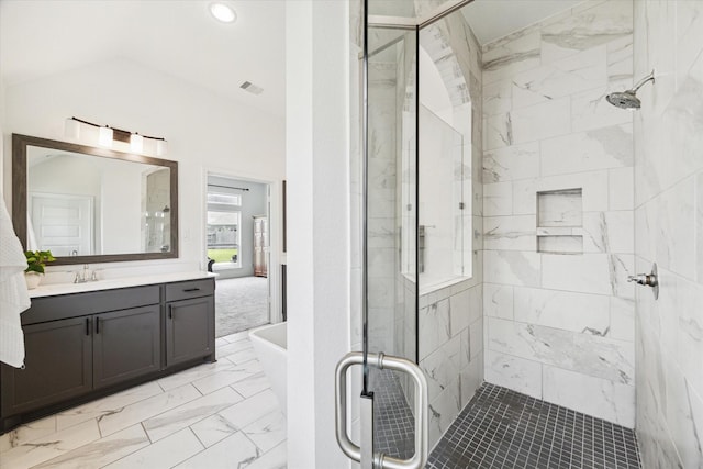 1810 Opal Field Ln, Richmond, TX 77469 - bathroom featuring a shower stall, vanity, lofted ceiling, marble look tile flooring, and a freestanding bath