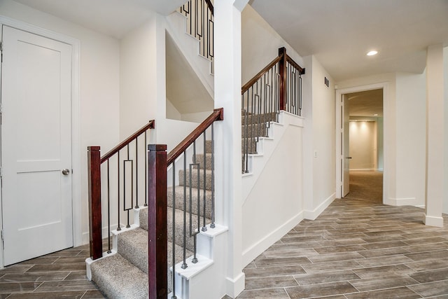 8115 Fondren Lake Dr, Houston, TX 77071 - stairs with wood finish floors, recessed lighting, and baseboards