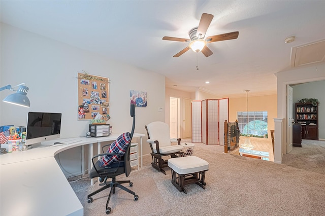 4406 Plantation Creek Dr, Missouri City, TX 77459 - office with carpet flooring, a ceiling fan, and attic access