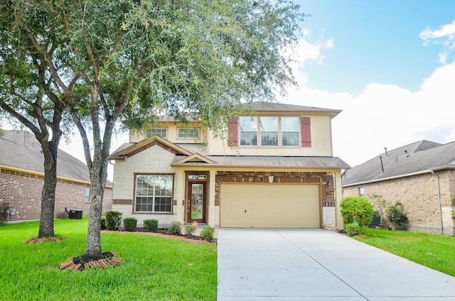 13108 Southern Way Ln, Pearland, TX 77584 - view of front of house featuring a garage, concrete driveway, a front lawn, and brick siding