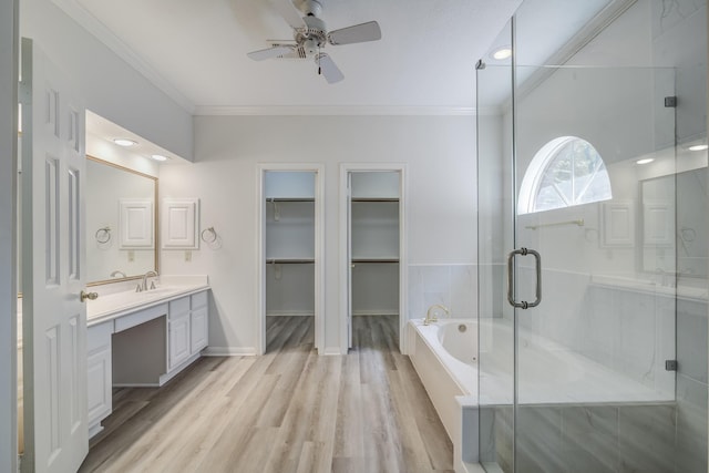 4226 Roaring Rapids Dr, Houston, TX 77059 - full bath with vanity, a garden tub, ceiling fan, crown molding, and a stall shower