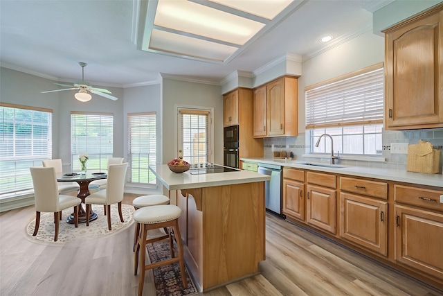 4226 Roaring Rapids Dr, Houston, TX 77059 - kitchen featuring a sink, dishwasher, light wood-type flooring, light countertops, and tasteful backsplash