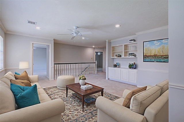 4226 Roaring Rapids Dr, Houston, TX 77059 - living room featuring light colored carpet, crown molding, recessed lighting, a ceiling fan, and built in features