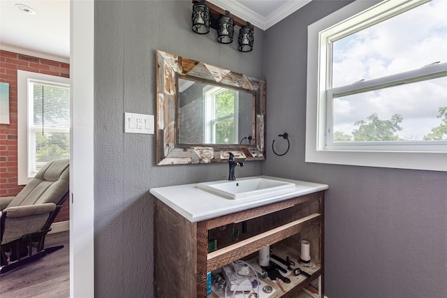 7230 Moore St, Hitchcock, TX 77563 - bathroom with a sink, plenty of natural light, ornamental molding, and wood finished floors