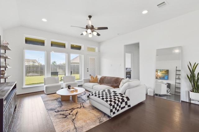 23014 Blackstone Park Rd, Katy, TX 77493 - living area featuring a ceiling fan, dark wood-style flooring, and recessed lighting