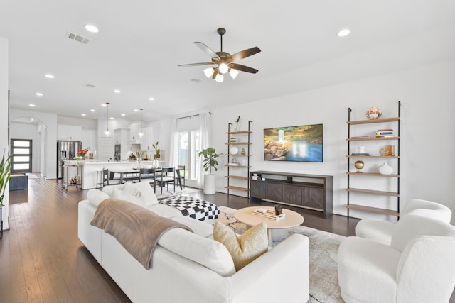 23014 Blackstone Park Rd, Katy, TX 77493 - living room with a ceiling fan, recessed lighting, and dark wood-style floors