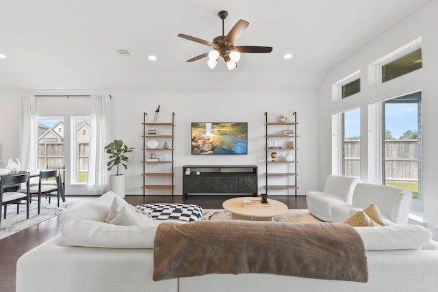 23014 Blackstone Park Rd, Katy, TX 77493 - living area featuring a ceiling fan, dark wood finished floors, and recessed lighting