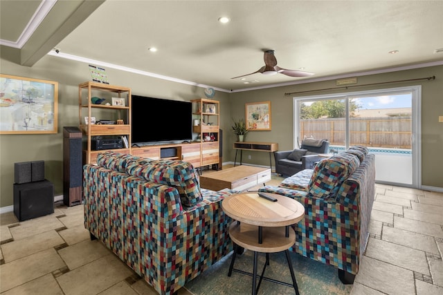 5525 Ibis Dr, Galveston, TX 77551 - living area featuring baseboards, a ceiling fan, recessed lighting, and crown molding