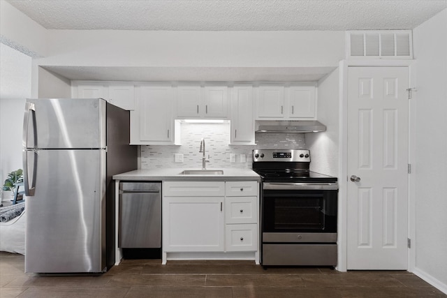 12900 Walden Rd Unit 415D, Montgomery, TX 77356 - kitchen with appliances with stainless steel finishes, under cabinet range hood, a sink, and white cabinets