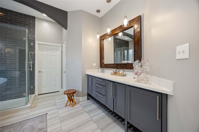259 W Thorn Way, Houston, TX 77015 - full bath featuring double vanity, tile patterned flooring, a shower stall, and baseboards