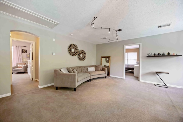 259 W Thorn Way, Houston, TX 77015 - living room featuring attic access, carpet floors, a textured ceiling, baseboards, and arched walkways
