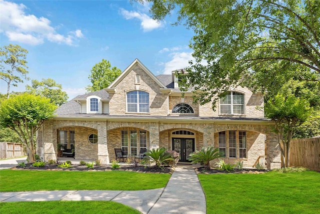 259 W Thorn Way, Houston, TX 77015 - french country inspired facade with a porch, brick siding, french doors, and a shingled roof