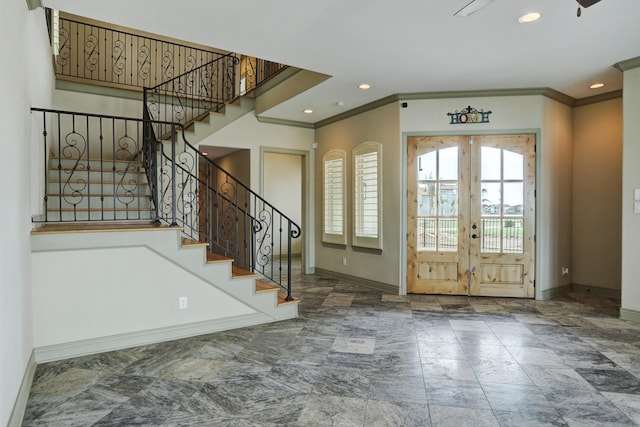 2466 Beacon Cir, League City, TX 77573 - foyer entrance featuring baseboards, ornamental molding, stairs, french doors, and recessed lighting