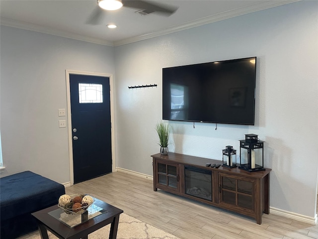 16961 W Hammon, Montgomery, TX 77316 - living room with a ceiling fan, light wood-style flooring, crown molding, and baseboards