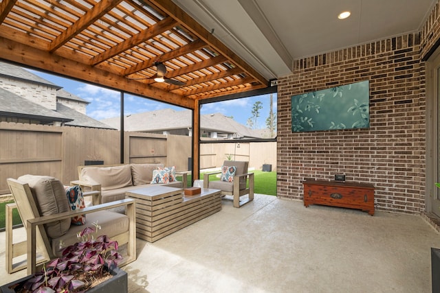21514 Lost Valley Ln, Porter, TX 77365 - fenced backyard with an outdoor living space, a pergola, and a patio area