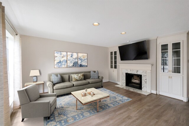 1321 Fountain View Dr Unit 131, Houston, TX 77057 - living area with wood finished floors, recessed lighting, and a premium fireplace
