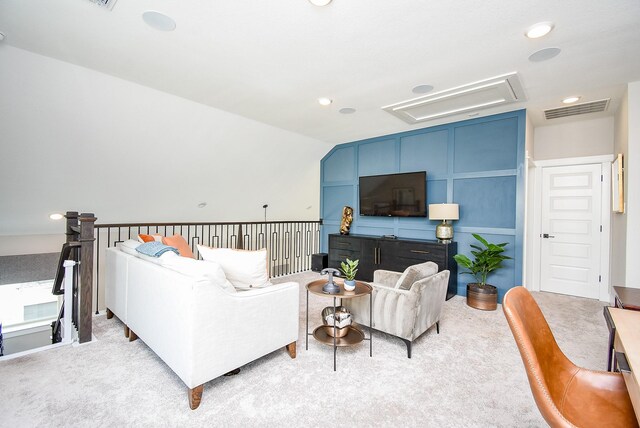 10914 Brambling Wood Dr S, Houston, TX 77043 - living room featuring attic access, vaulted ceiling, light carpet, and recessed lighting