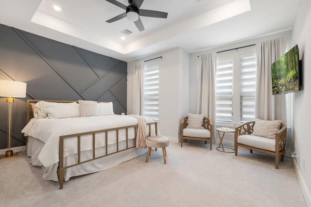 2200 Marnel Rd Unit F, Houston, TX 77055 - bedroom featuring a raised ceiling, light carpet, ceiling fan, baseboards, and recessed lighting