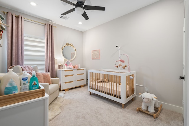 2200 Marnel Rd Unit F, Houston, TX 77055 - bedroom with light colored carpet, a nursery area, recessed lighting, a ceiling fan, and baseboards