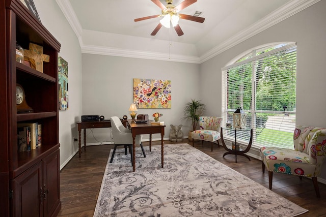 6927 Queensclub Dr, Houston, TX 77069 - office space featuring ceiling fan, dark wood-style flooring, baseboards, and ornamental molding