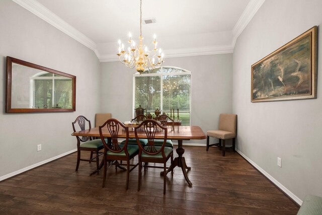 6927 Queensclub Dr, Houston, TX 77069 - dining space featuring ornamental molding, dark wood-style flooring, a chandelier, and baseboards