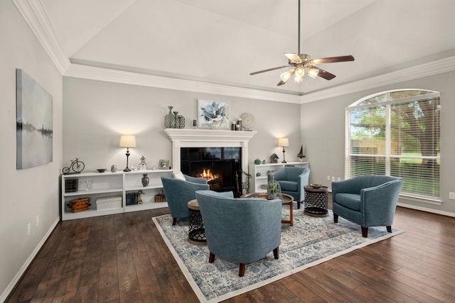 6927 Queensclub Dr, Houston, TX 77069 - living area with hardwood / wood-style flooring, a tile fireplace, ceiling fan, baseboards, and vaulted ceiling