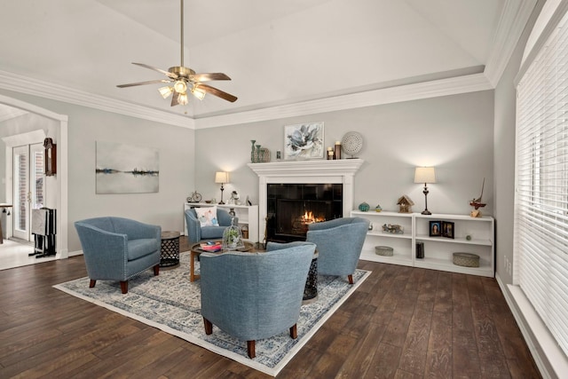 6927 Queensclub Dr, Houston, TX 77069 - living area featuring hardwood / wood-style flooring, a fireplace, a ceiling fan, ornamental molding, and lofted ceiling