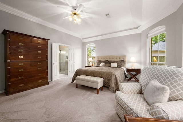6927 Queensclub Dr, Houston, TX 77069 - bedroom with multiple windows, light carpet, crown molding, a ceiling fan, and ensuite bath