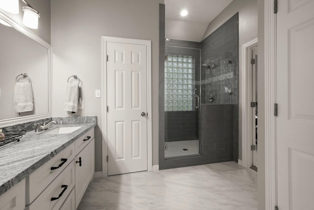 6927 Queensclub Dr, Houston, TX 77069 - full bathroom with vanity, a stall shower, marble finish floors, and recessed lighting