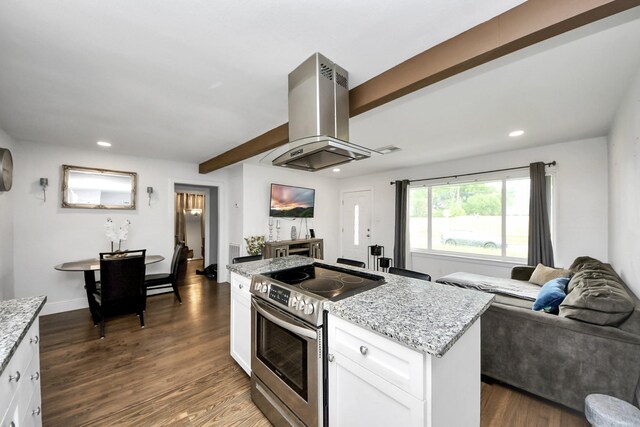 119 Burke Rd, Pasadena, TX 77506 - kitchen with stainless steel range with electric cooktop, open floor plan, white cabinetry, dark wood-style floors, and light stone counters
