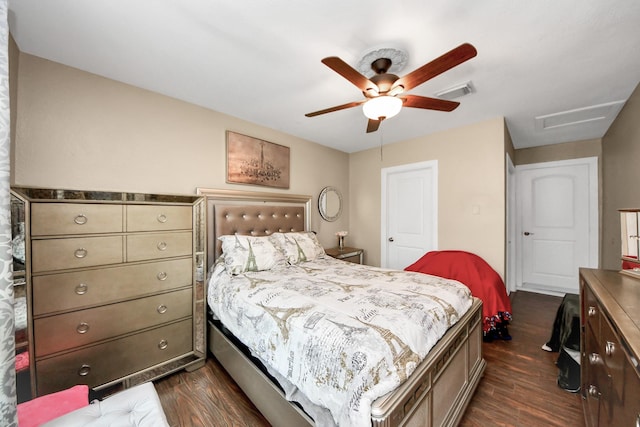 119 Burke Rd, Pasadena, TX 77506 - bedroom with attic access, dark wood-style floors, and ceiling fan