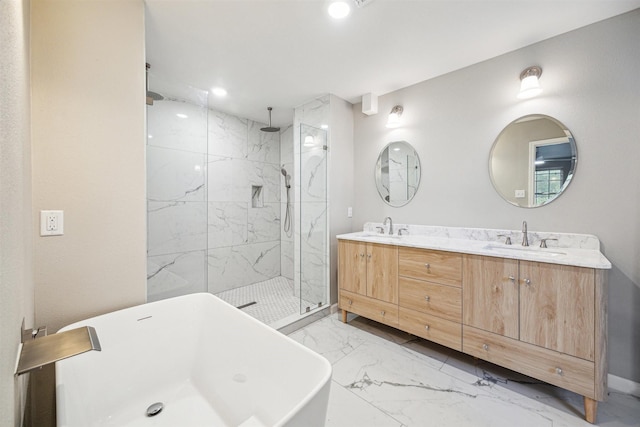 1802 Corral Dr, Houston, TX 77090 - bathroom with marble look tiles, a marble finish shower, double vanity, a freestanding tub, and recessed lighting