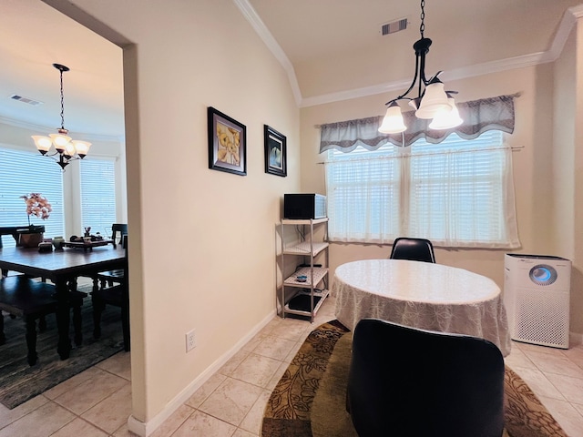 21607 Goloby Dr, Richmond, TX 77407 - dining room with a chandelier, ornamental molding, light tile patterned floors, and baseboards