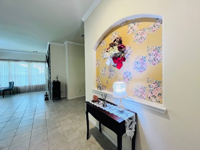 21607 Goloby Dr, Richmond, TX 77407 - hall featuring crown molding, light tile patterned floors, and baseboards