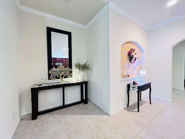 21607 Goloby Dr, Richmond, TX 77407 - hallway featuring arched walkways, crown molding, light tile patterned floors, and baseboards