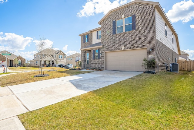 6120 Whitewing Rd, Rosenberg, TX 77469 - view of front of house with central AC unit, an attached garage, concrete driveway, a residential view, and brick siding
